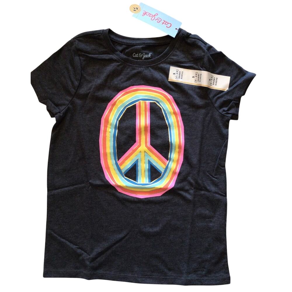 Peace Sign Graphic TSHIRT Short Sleeve Girls Small 6/6x Rainbow Tee Top Grey NWT